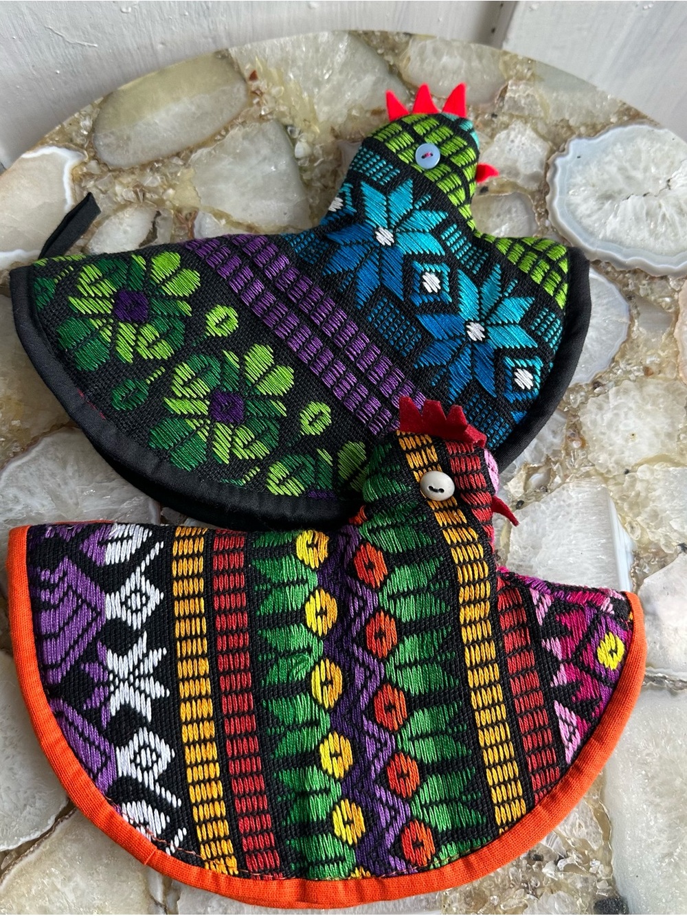2 chicken potholder whimsical round guatemala